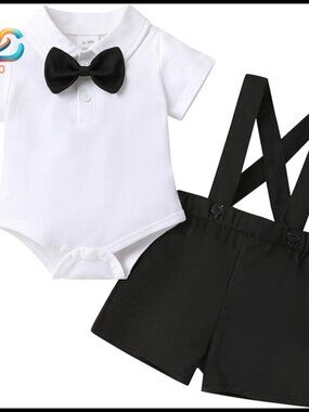 Infant Boy Wedding Outfit Set with Shirt Bowtie Suspenders Shorts